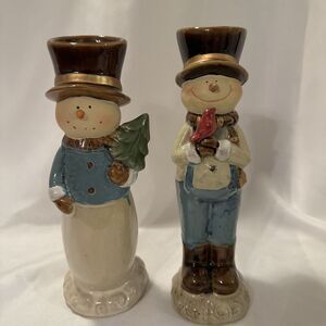 Pair Of Kirklands Porcelain Mr & Mrs Snowman Votive Tealight Candle Holders